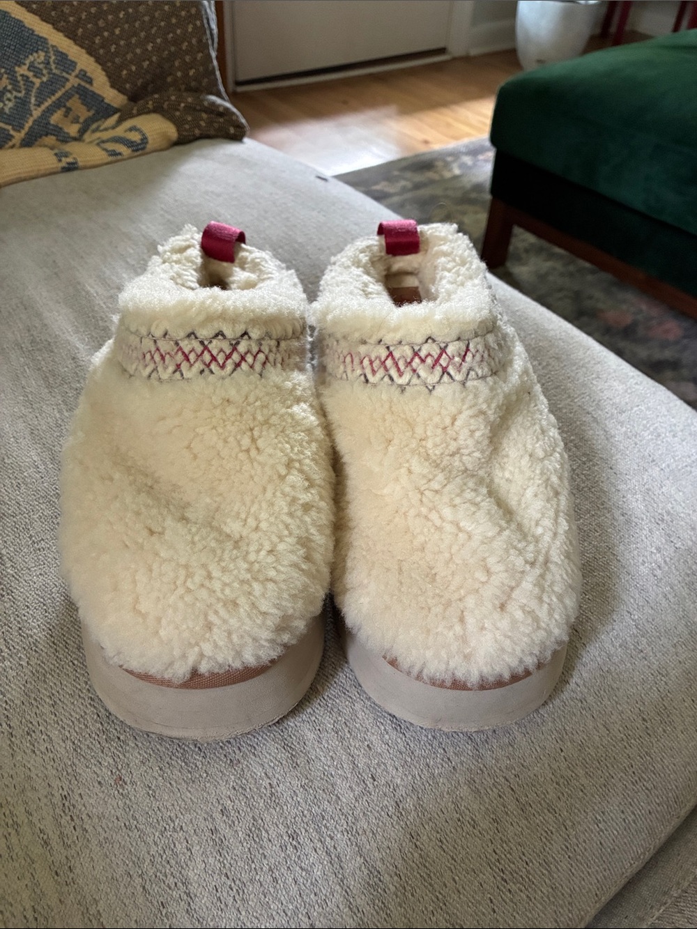 UGG Cream Shearling Slip-On Slippers with Pink Accent